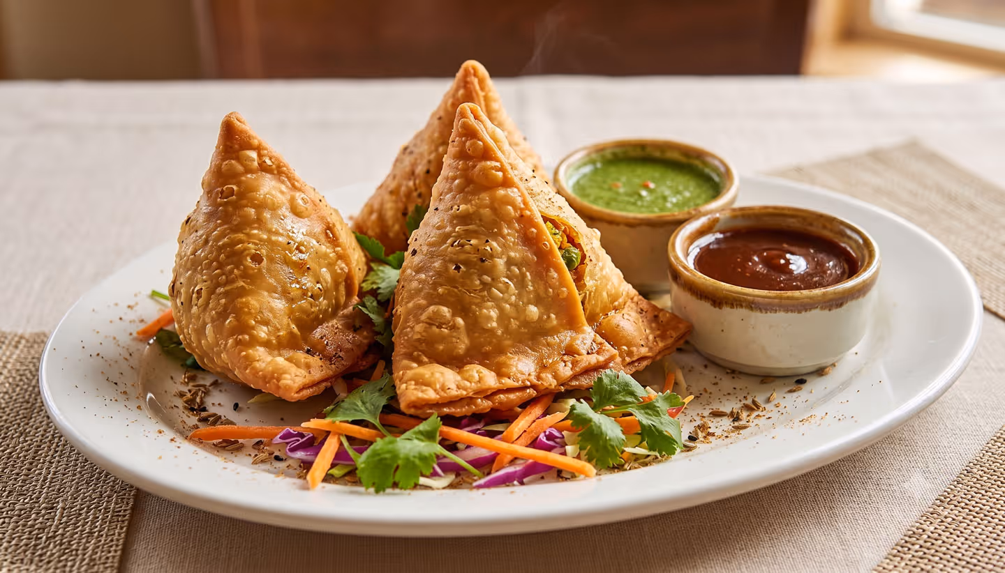 Three fried samosas on shredded vegetables with green and tamarind chutneys on a white plate.