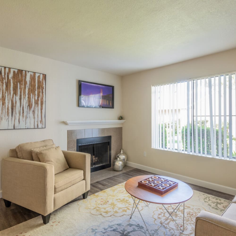 Living area with sofa, coffee table, wall mirror, and large window