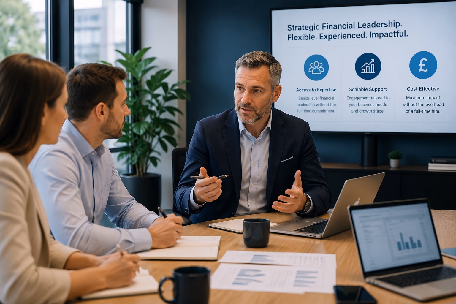 Business founders presenting financial forecasts to investors
