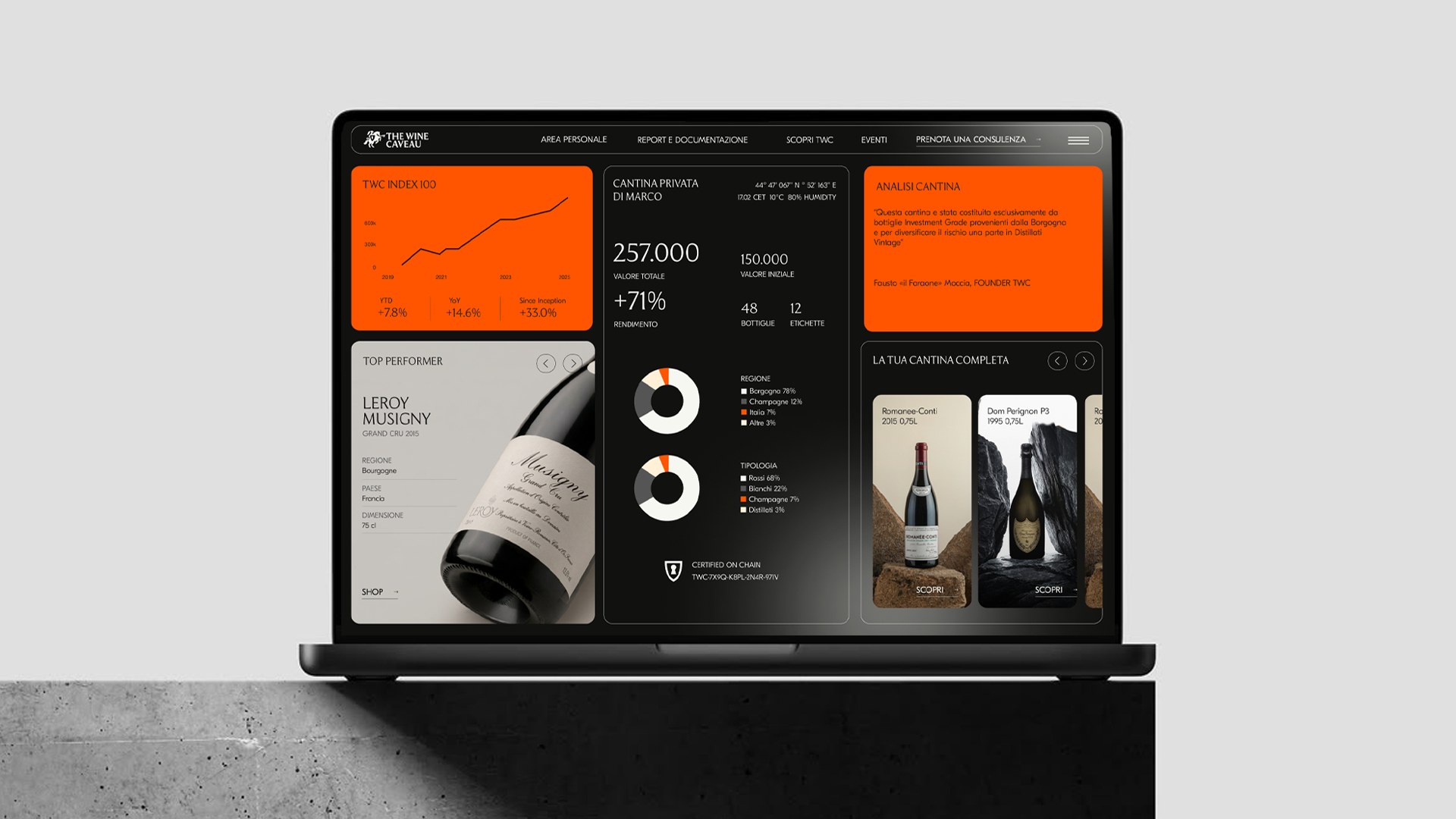 Dashboard personale Wine Bank su laptop
