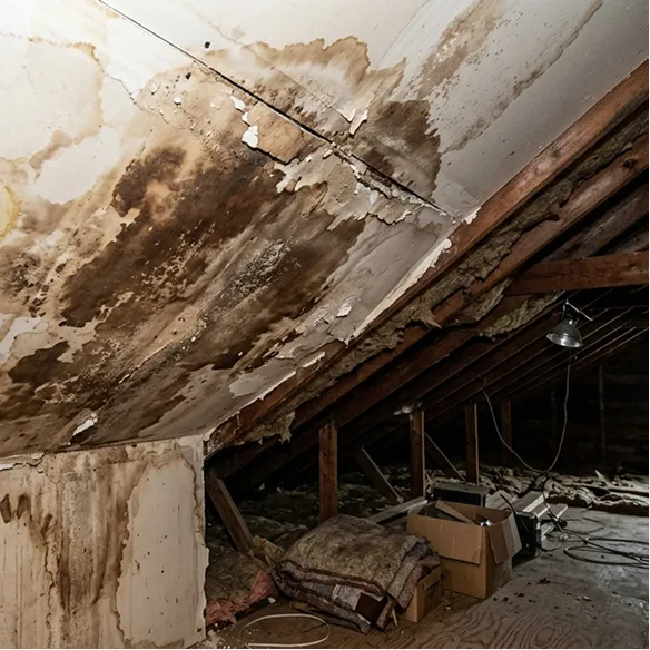 Attic with severe water damage and mold on the ceiling, exposed beams, insulation, and miscellaneous items stored on the floor.