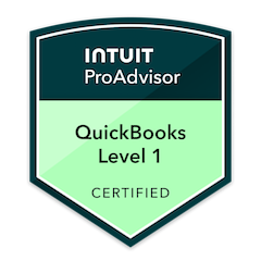 Intuit ProAdvisor QuickBooks Level 1 certified shield badge.