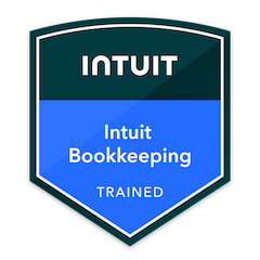 Intuit Bookkeeping Trained badge with teal and blue shield design.