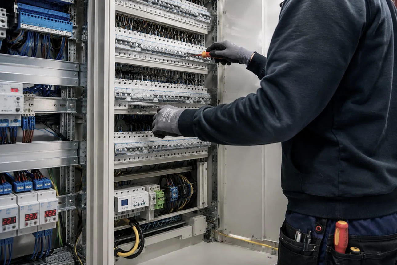 Elektroinstallation an einem geöffneten Schaltschrank.