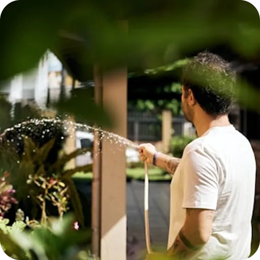 Man in white t-shirt watering plants in a garden using a hose.