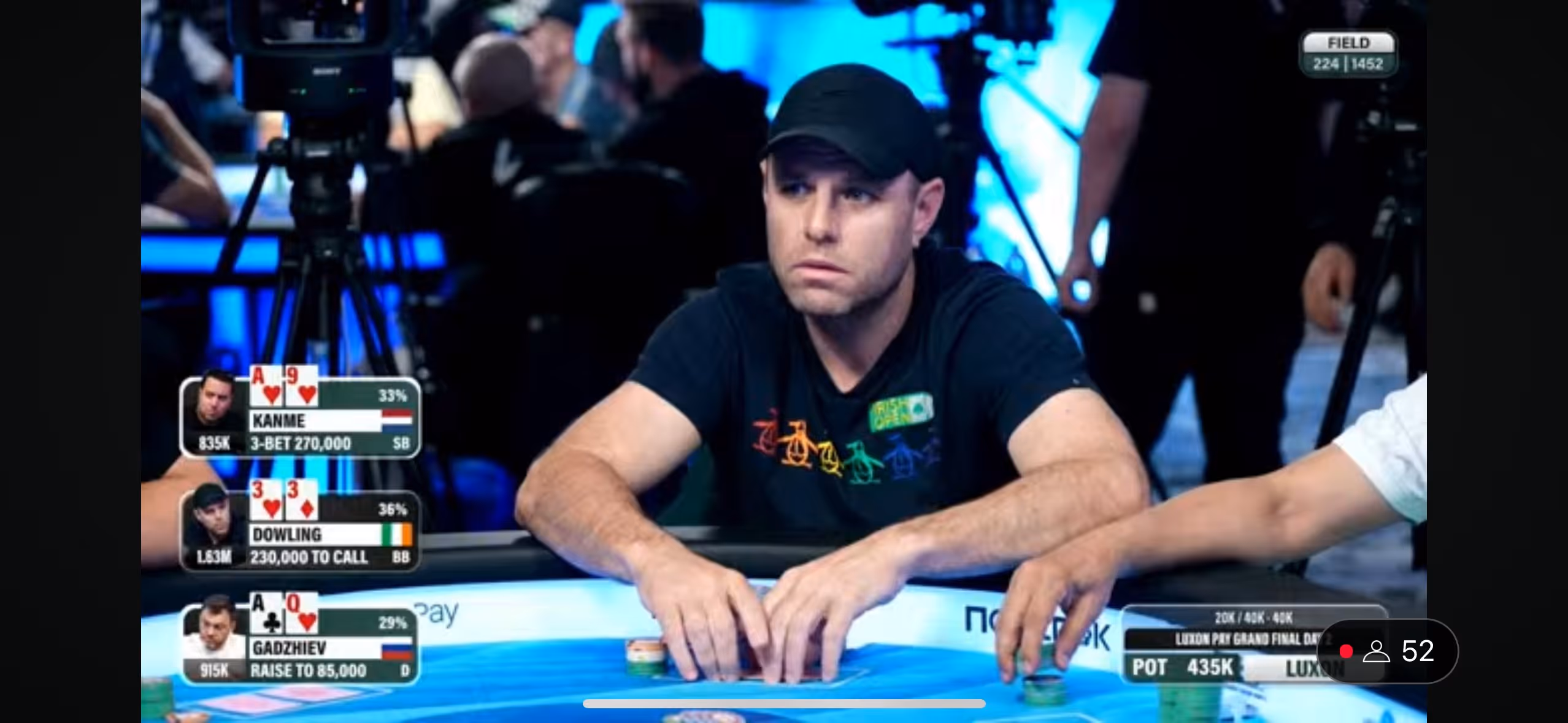 Poker player in black shirt and cap holding chips at table during a tournament with players and cameras.