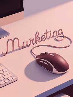 Computer mouse cable shaped into the word 'Marketing' on a desk with keyboard and monitor.