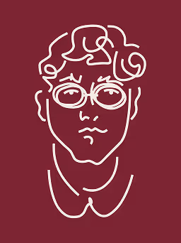 Minimalist line drawing of a face with glasses and curly hair on a maroon background.