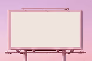 Blank billboard with a light pink frame against a soft pink sky background.