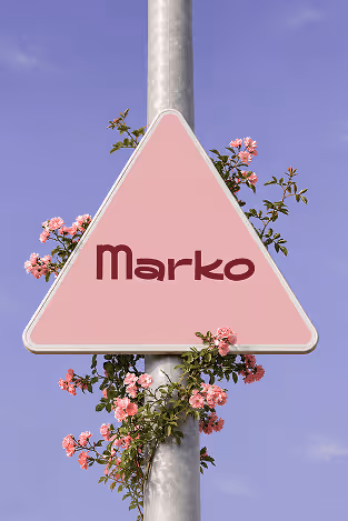 Pink triangular sign on pole with the name 'Marko' and pink flowers growing around it against sky.