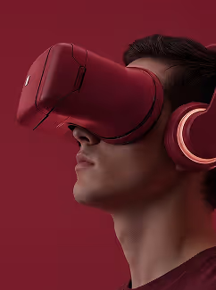 Man wearing red VR headset and matching headphones against a red background.