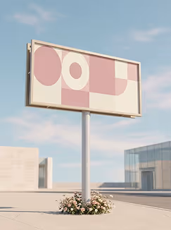 Billboard with abstract geometric shapes in pink and white outdoors near modern buildings.