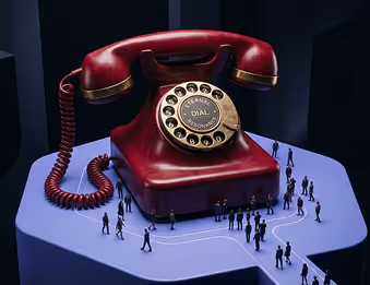 Large red rotary phone on a table with small people figures standing around it.