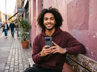 Smiling man with curly hair sitting outdoors on bench holding smartphone in both hands.