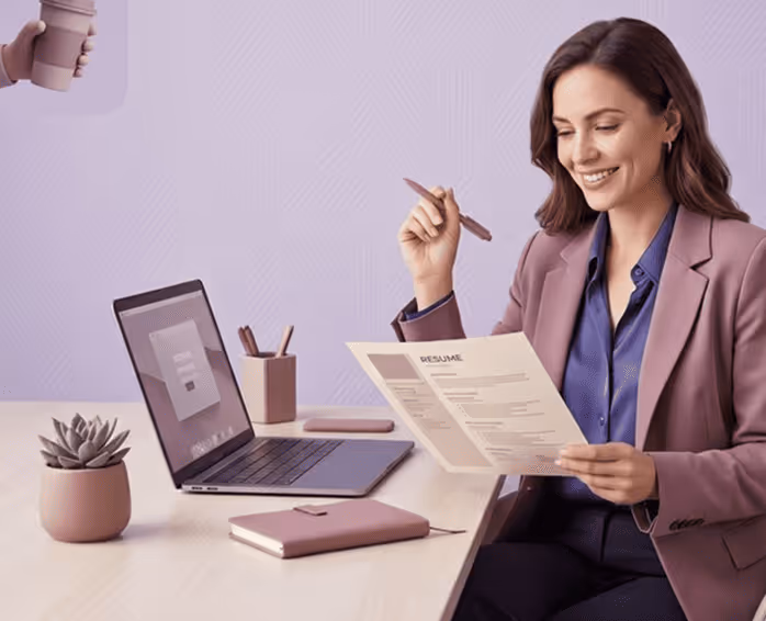 Smiling woman in a blazer holding a resume paper sitting at a desk with a laptop and notebook.