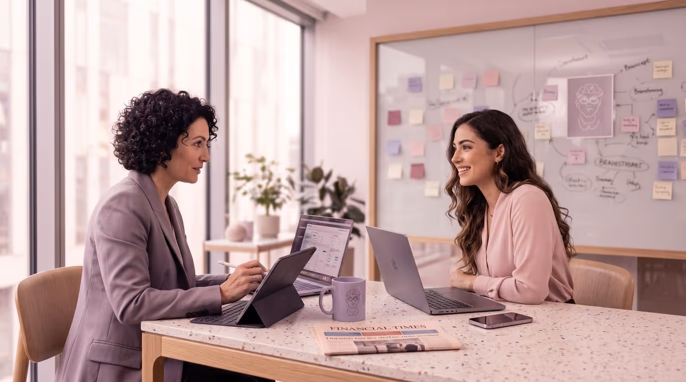 Two women in an office having a discussion with laptops, a mug, and a newspaper on the table.
