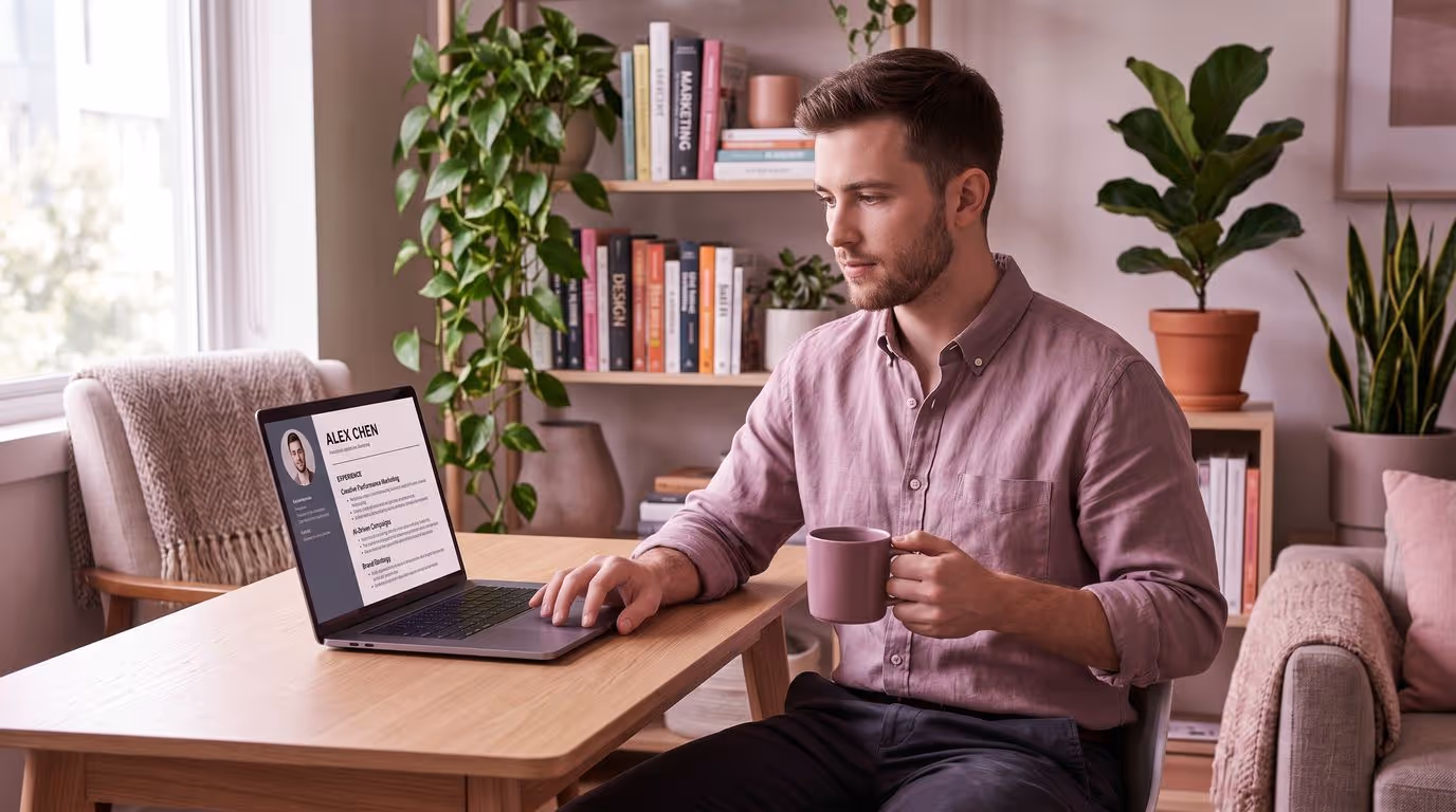 Man sitting at desk with laptop showing resume, holding a mug in a cozy, plant-filled room.