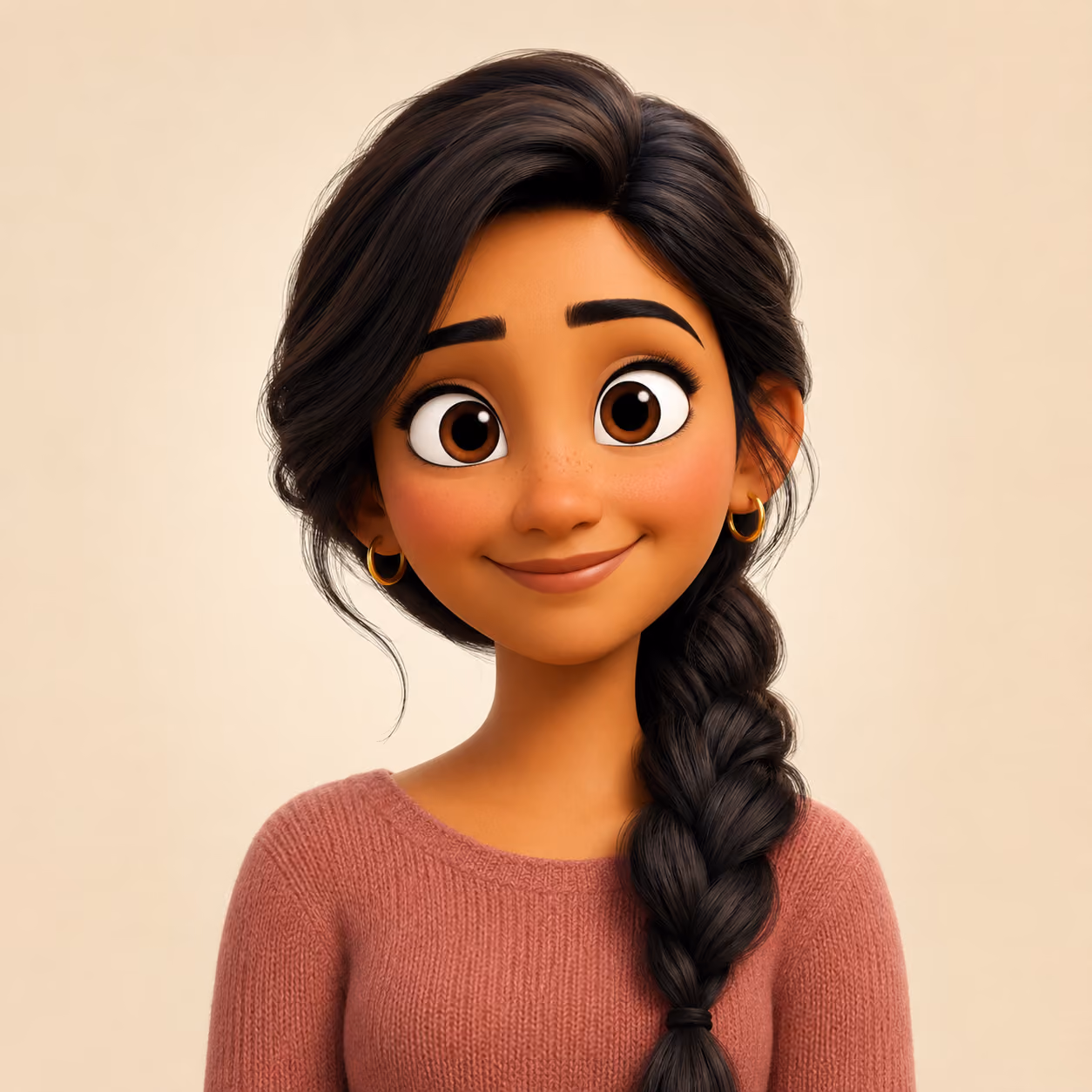 Smiling animated woman with big brown eyes, long dark braided hair, gold earrings, and a pink sweater.