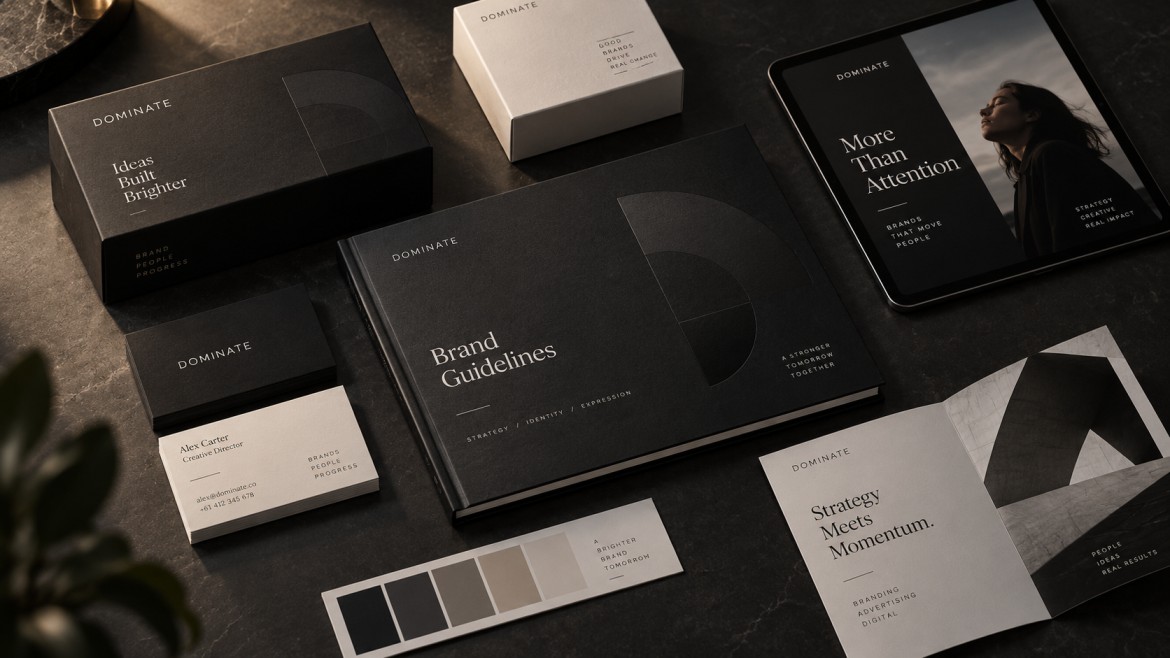 Dark and cream brand stationery set with a brand guidelines book, business cards, boxes, colour swatches, a folded brochure and a tablet showing a campaign layout