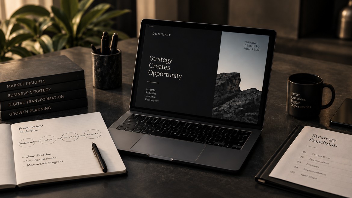 Laptop displaying a Strategy Creates Opportunity presentation slide beside a hand-drawn insight-to-action diagram, strategy books and a printed roadmap document