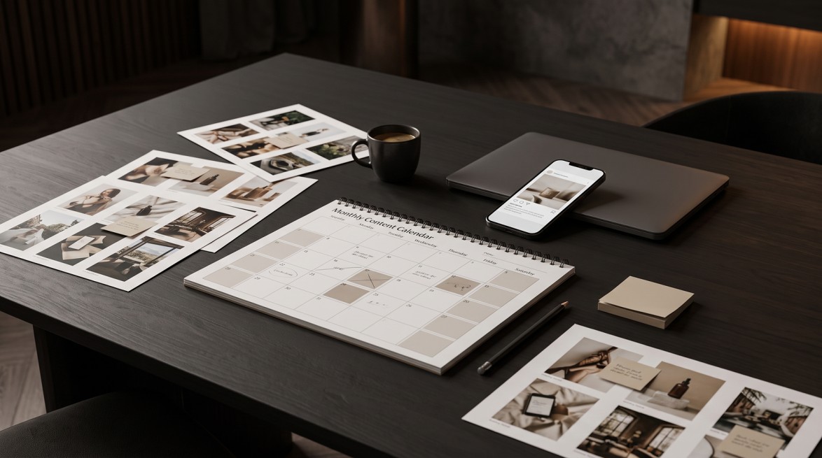 Flat lay of a monthly content calendar notebook, a phone showing an Instagram profile, a closed laptop, coffee cup and printed photo mood boards on a dark desk