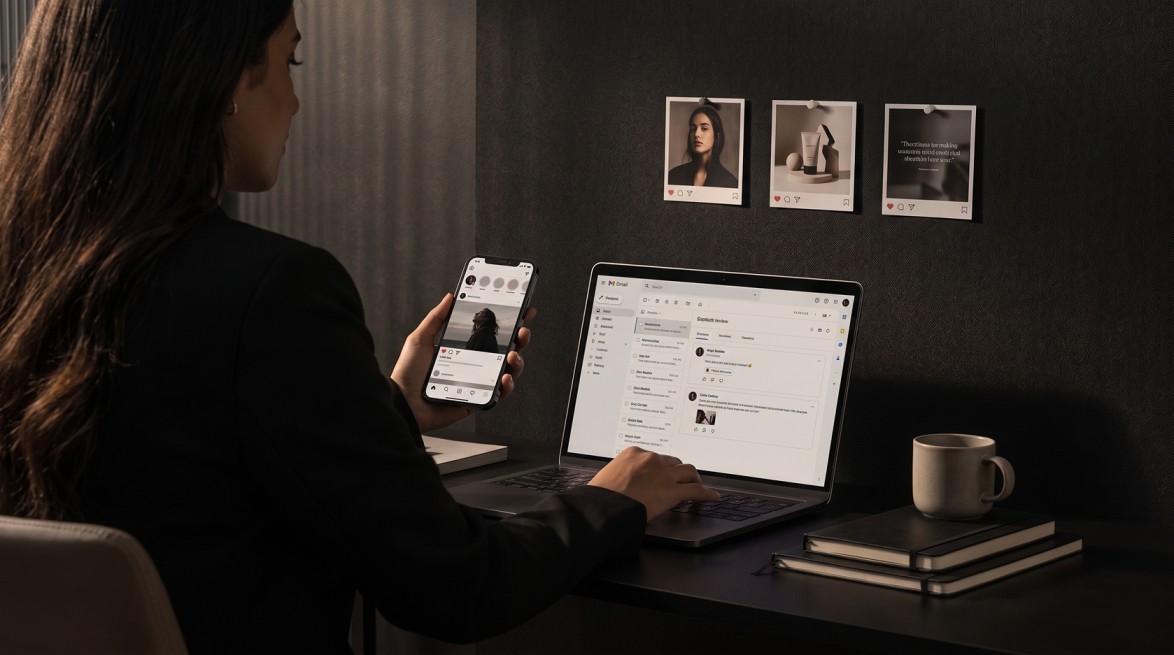 Person holding a phone showing an Instagram profile beside an open laptop displaying an email inbox, with three polaroid-style social posts pinned to the wall behind them