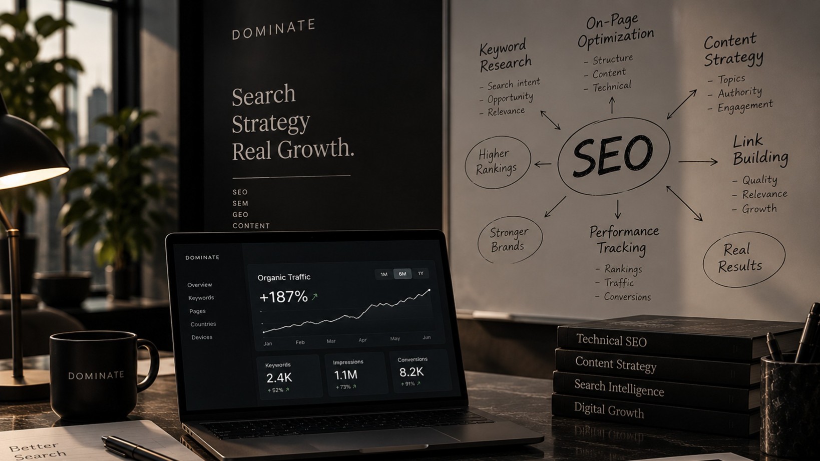 SEO, SEM and GEO strategy workspace showing keyword research, on-page optimization, content strategy and search performance planning