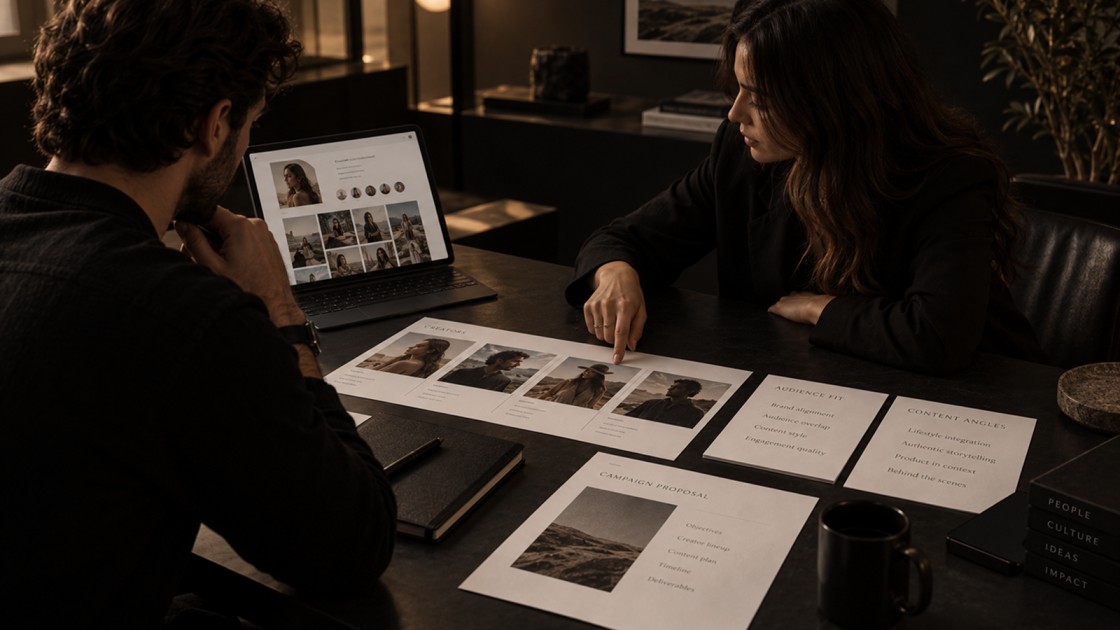 Influencer marketing campaign planning session reviewing creator profiles, audience fit, content angles and campaign strategy