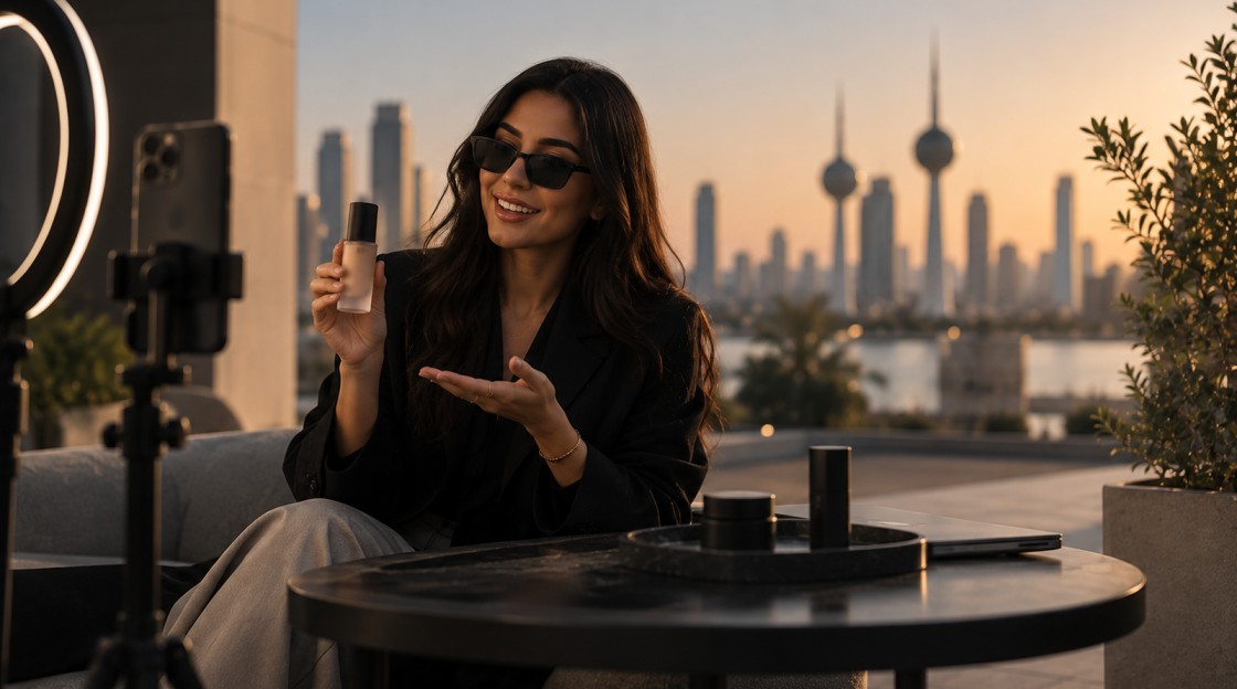 Content creator filming a branded beauty campaign in Kuwait as part of an influencer marketing activation