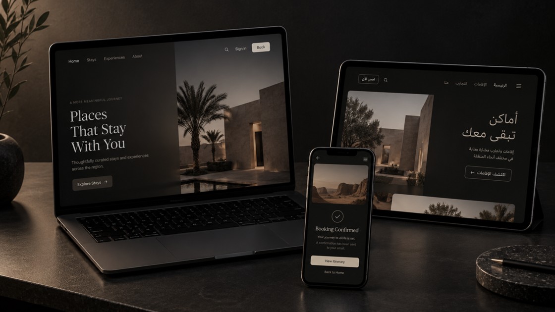 Responsive bilingual website interface displayed across laptop, tablet and mobile with Arabic and English user experiences