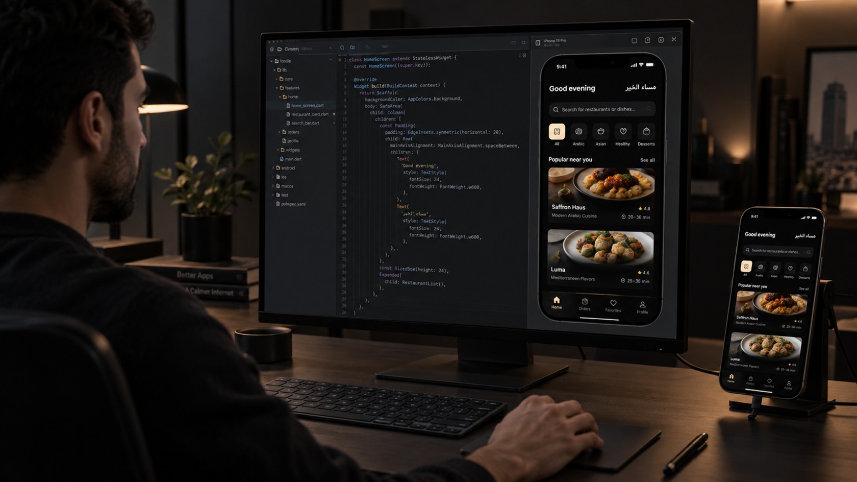 Mobile app development workspace showing application code, live interface preview and testing on a physical smartphone