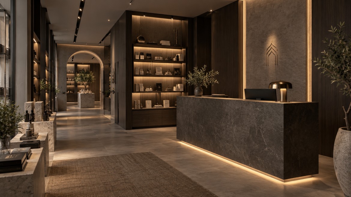 Commercial interior design for a premium retail space featuring custom display areas, reception, lighting and material finishes