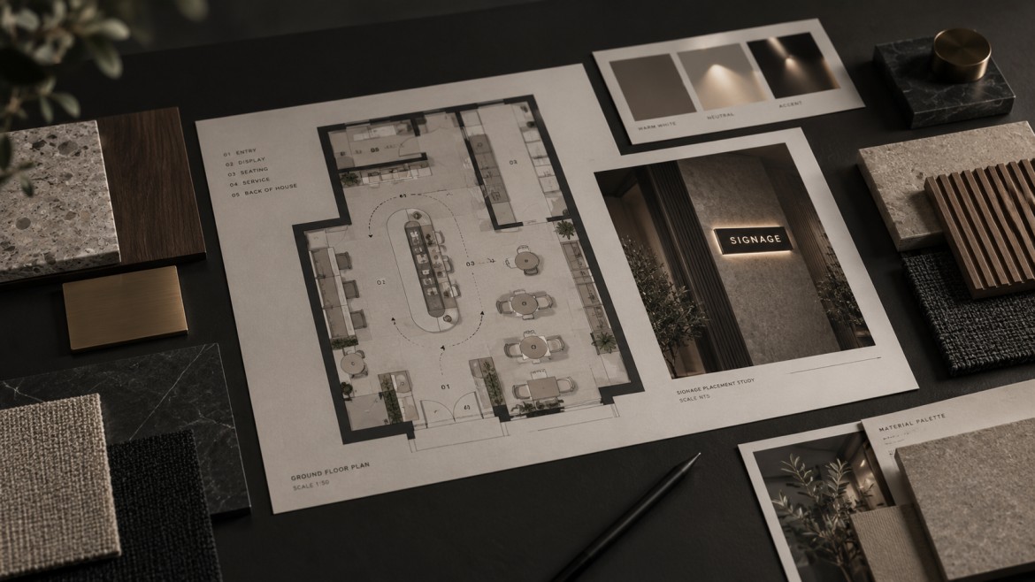 Commercial interior design planning board showing floor plan, signage study, lighting direction and material palette