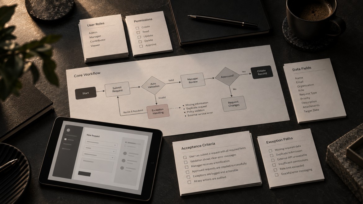 Custom software workflow planning showing user roles, permissions, data fields, approval logic, validation rules and exception handling