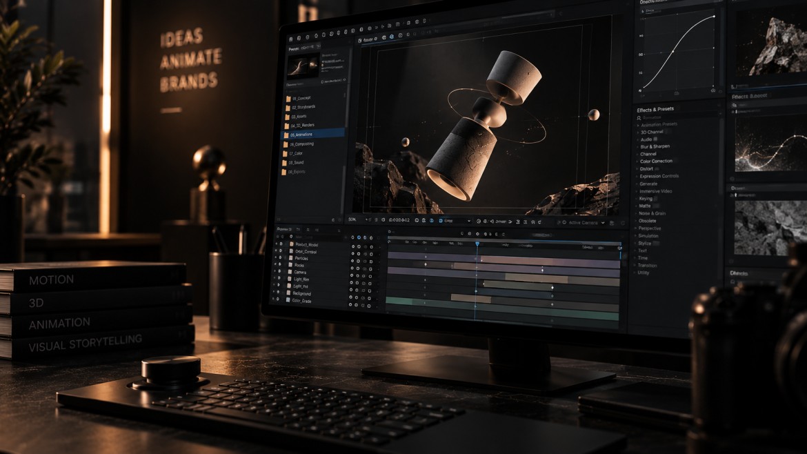 Motion graphics and 3D animation workspace showing animated objects, compositing layers, effects and timeline-based production