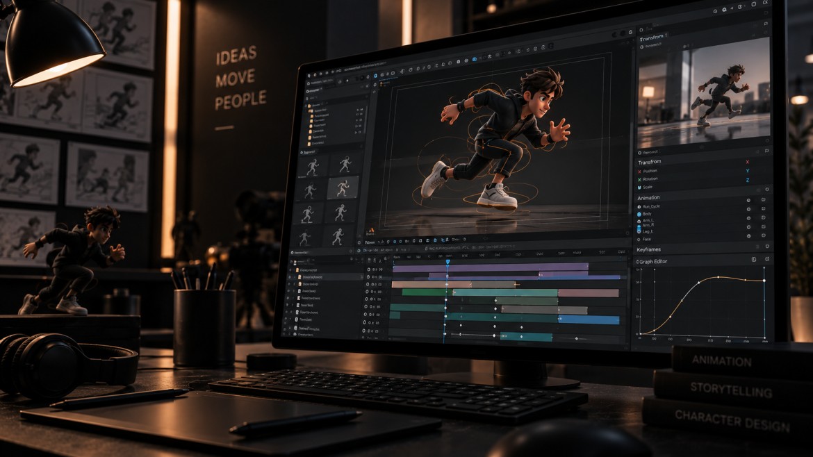 Character animation workspace showing 3D character movement, keyframes, motion curves and visual storytelling development