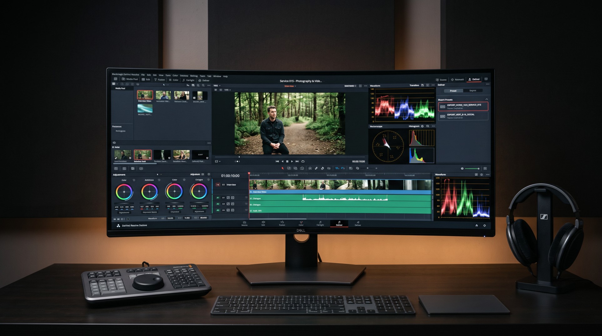 Photography and videography post-production workspace showing video editing, color grading, audio tracks and final export preparation
