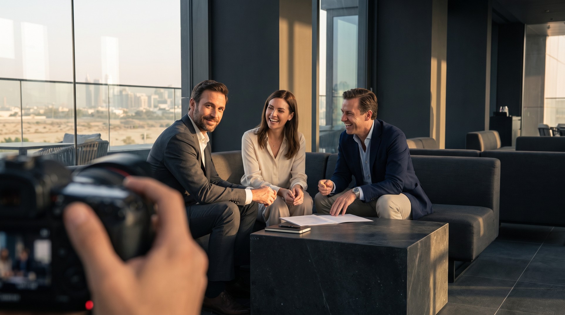 Corporate photography and videography production session showing a professional camera capturing business people in a modern office setting