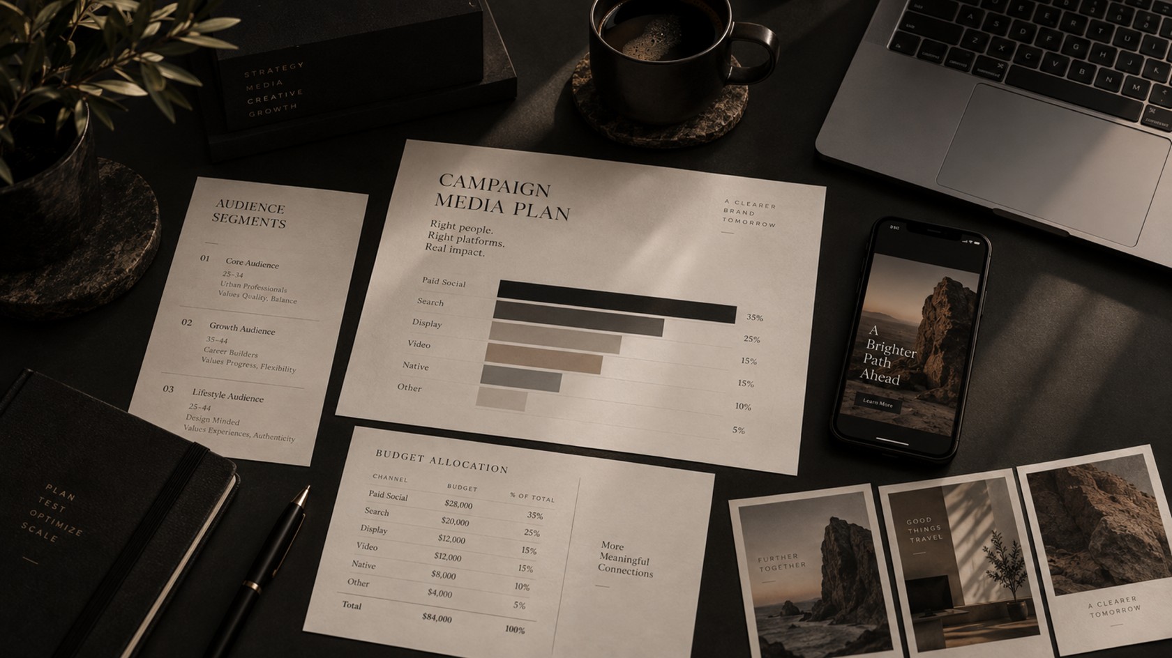 Desk workspace with a large screen showing dashboards and flow diagrams, a laptop, a tablet, a keyboard and printed cards