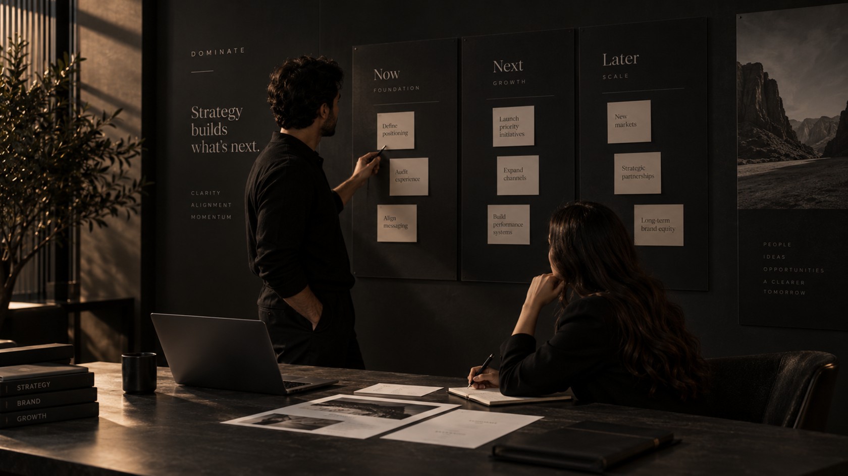 Two colleagues reviewing a Now, Next, Later strategy roadmap on a wall display with labeled sticky notes, with a laptop and papers on the desk in front of them