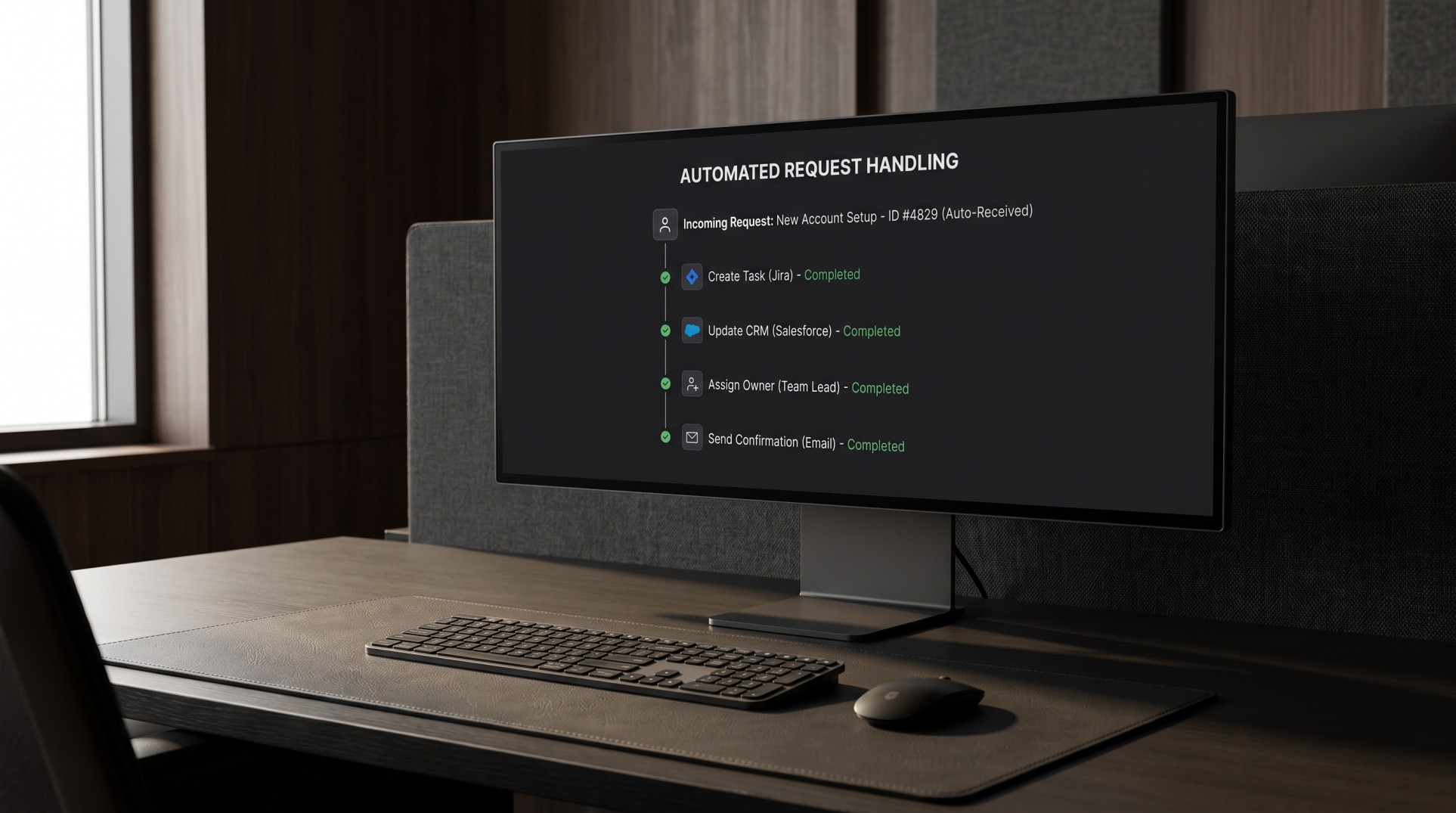 Business automation workflow handling incoming requests, creating tasks, updating CRM records, assigning owners and sending confirmation emails