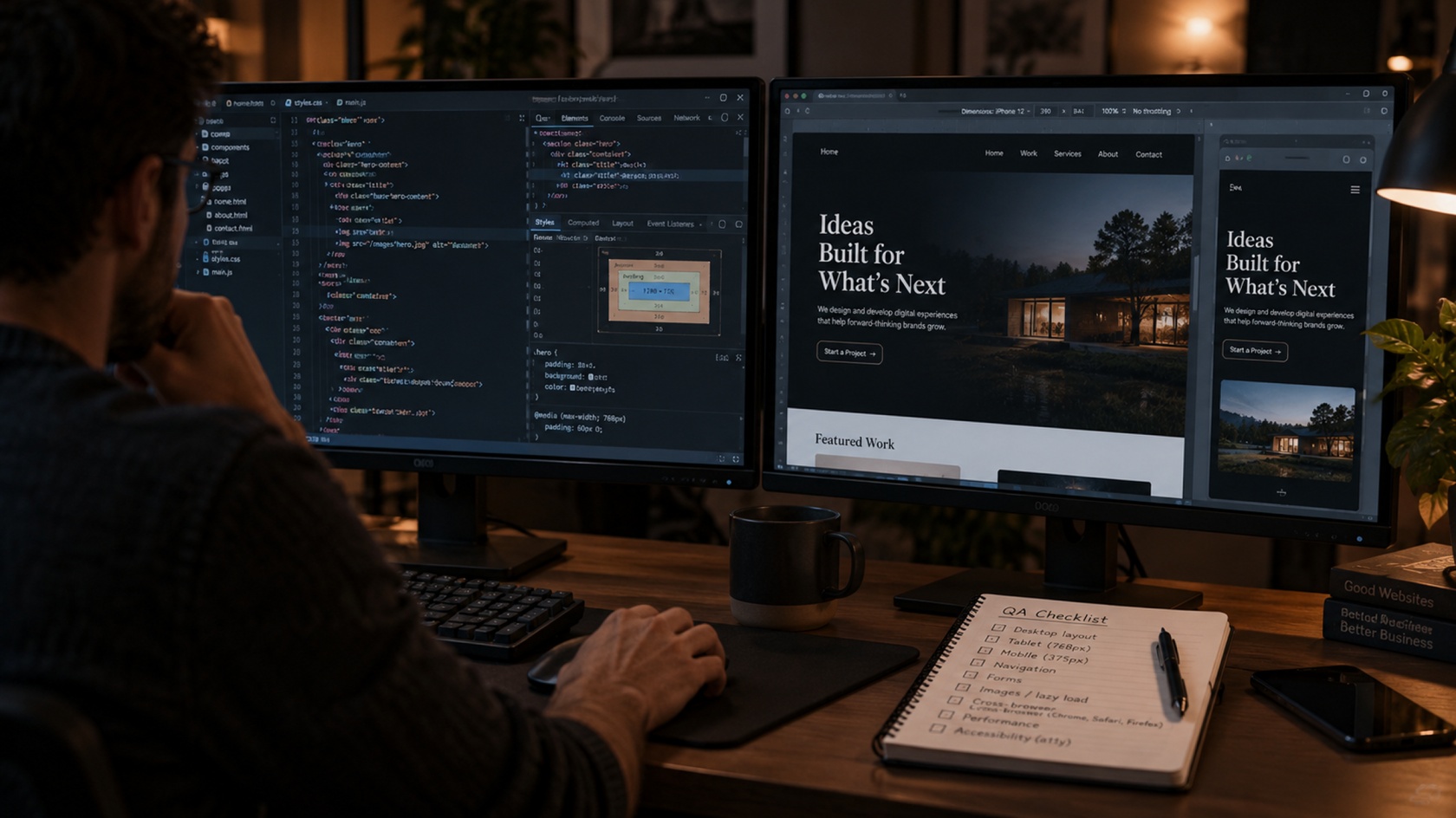 Website design and development workflow showing front-end code, responsive page previews and quality assurance review across devices