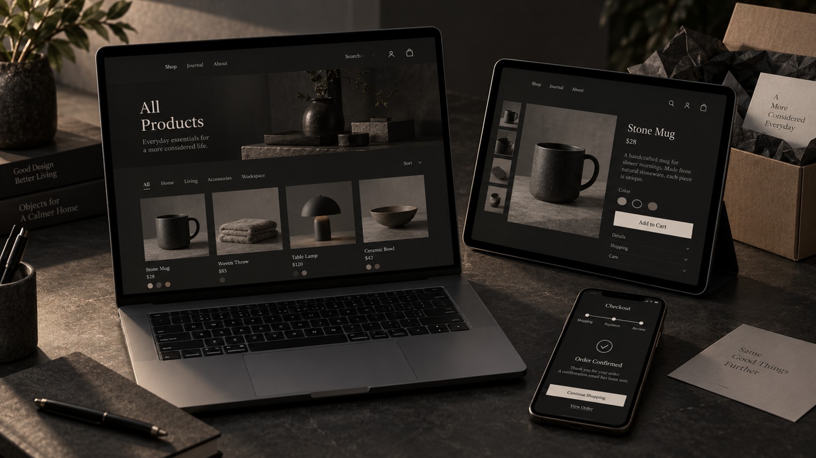 Responsive e-commerce store experience showing product browsing, product details and checkout across laptop, tablet and mobile devices