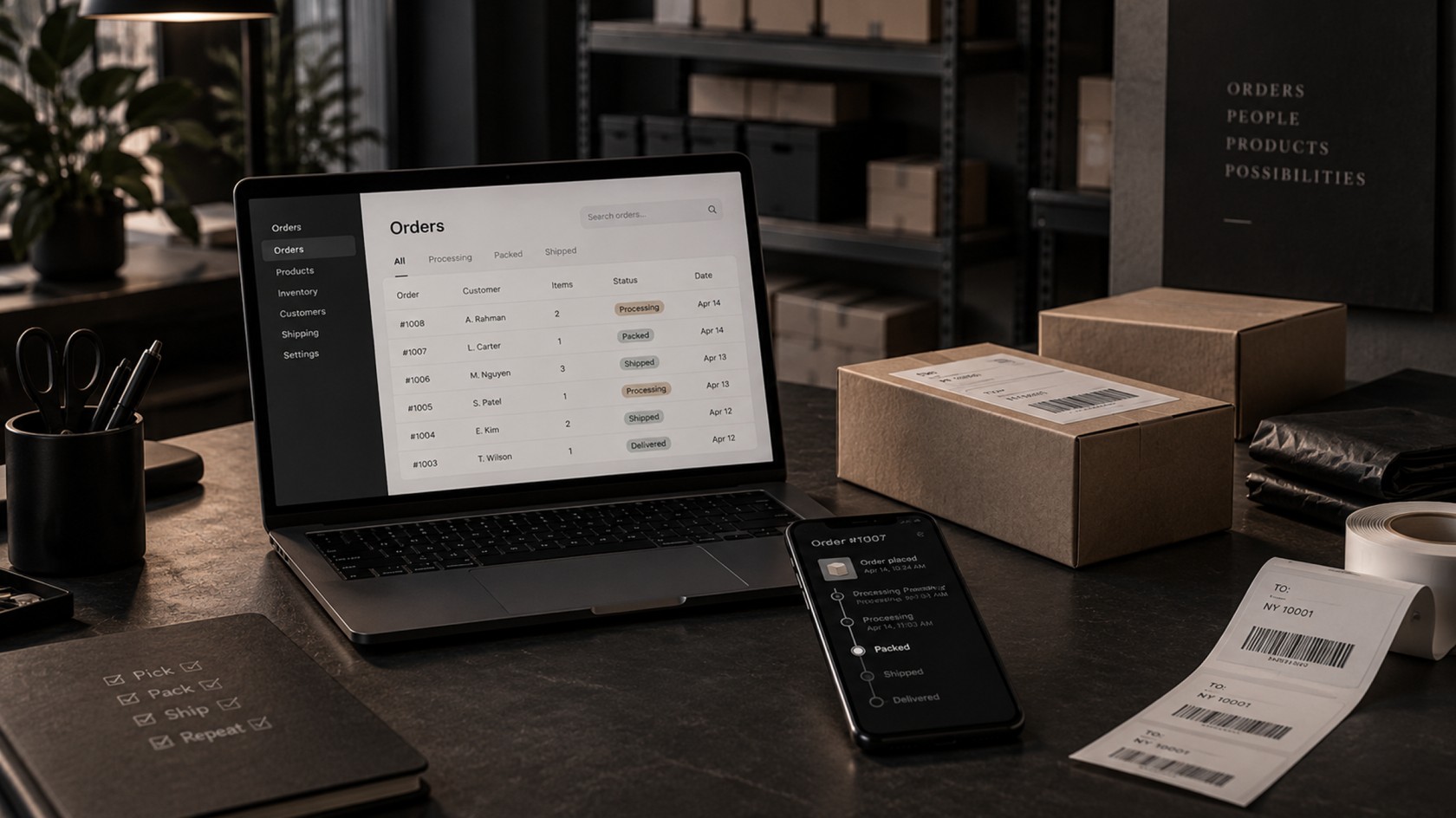 E-commerce operations workspace showing order management, inventory, shipping status, fulfillment and package tracking across desktop and mobile