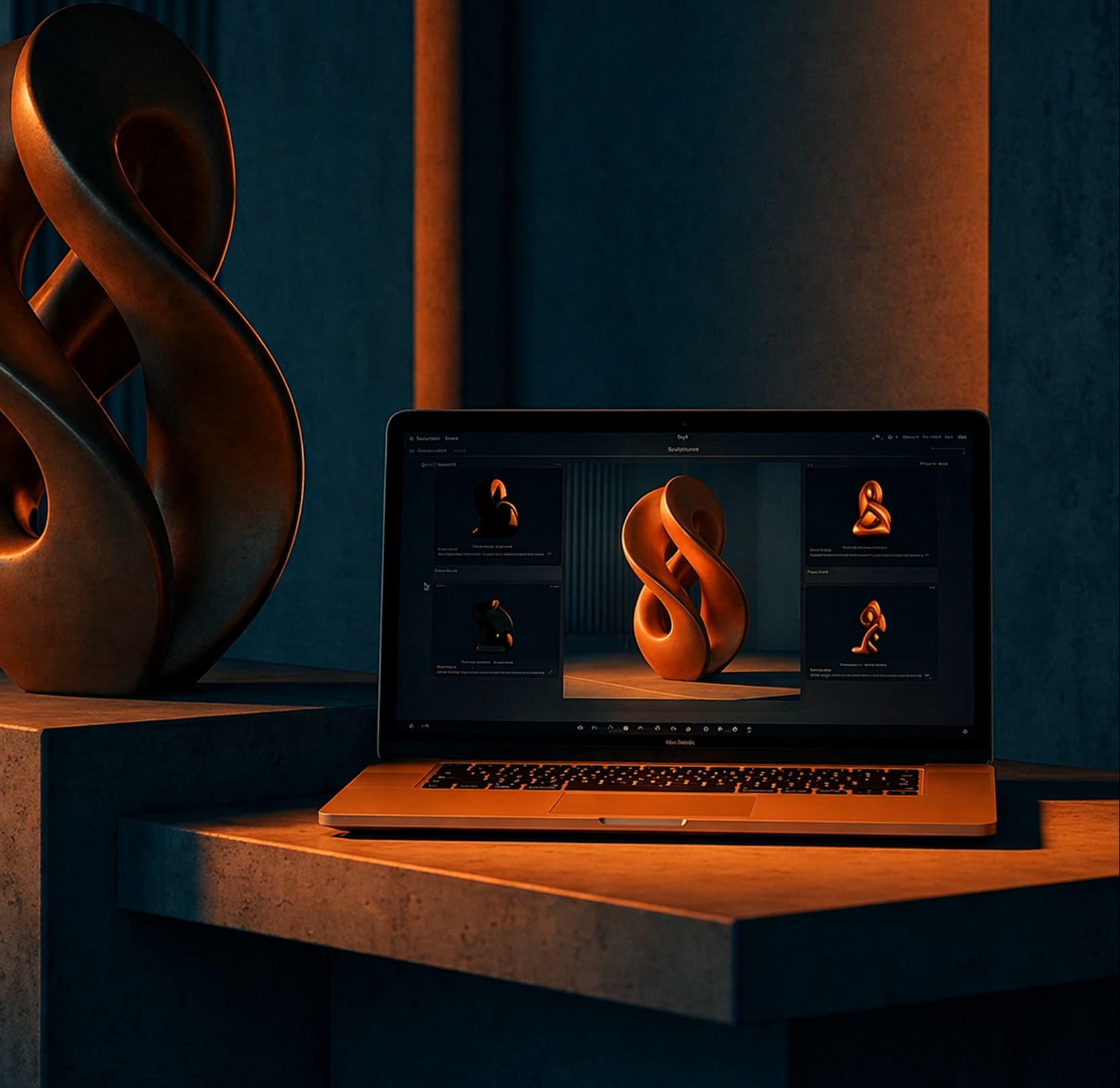 A laptop on a copper plinth showing a sculpture portfolio, next to a matching copper form