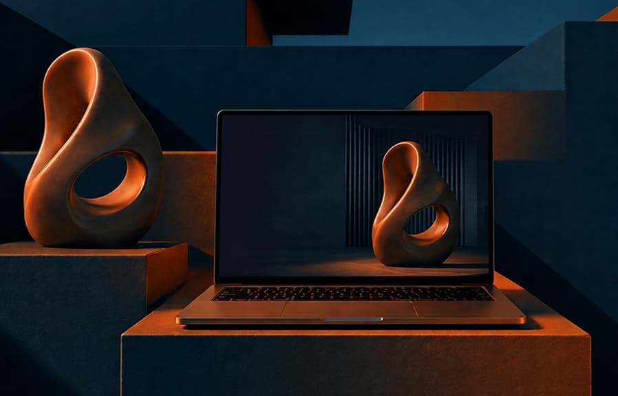A laptop showing a sculpture portfolio between two copper sculptural forms
