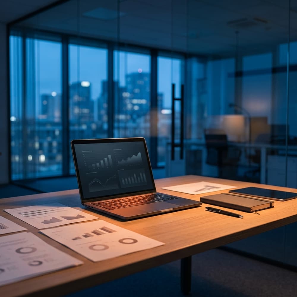 A desk at night with a laptop and printed layouts, city lights through the window