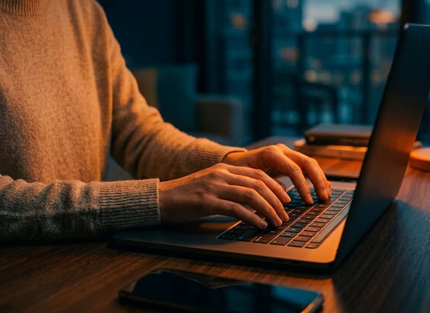 Hands typing on a laptop at a wooden desk in warm evening light