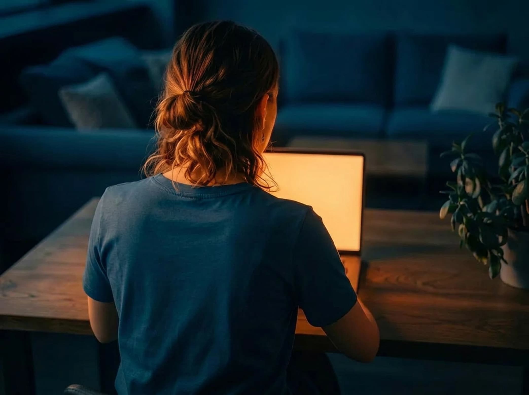 A woman writing at a laptop in a softly lit living room, seen from behind