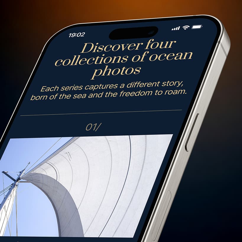 A phone showing the Maison Tali collections page, headed Discover four collections of ocean photos